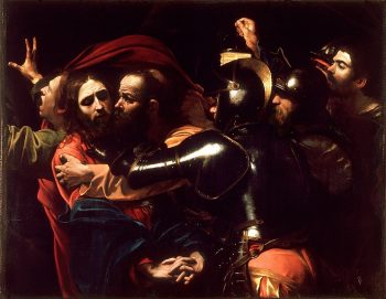 The Taking of Christ, 1602, National Gallery of Ireland, Dublin. Caravaggio's application of the chiaroscuro technique shows through on the faces and armour notwithstanding the lack of a visible shaft of light. The figure on the extreme right is a self-portrait.