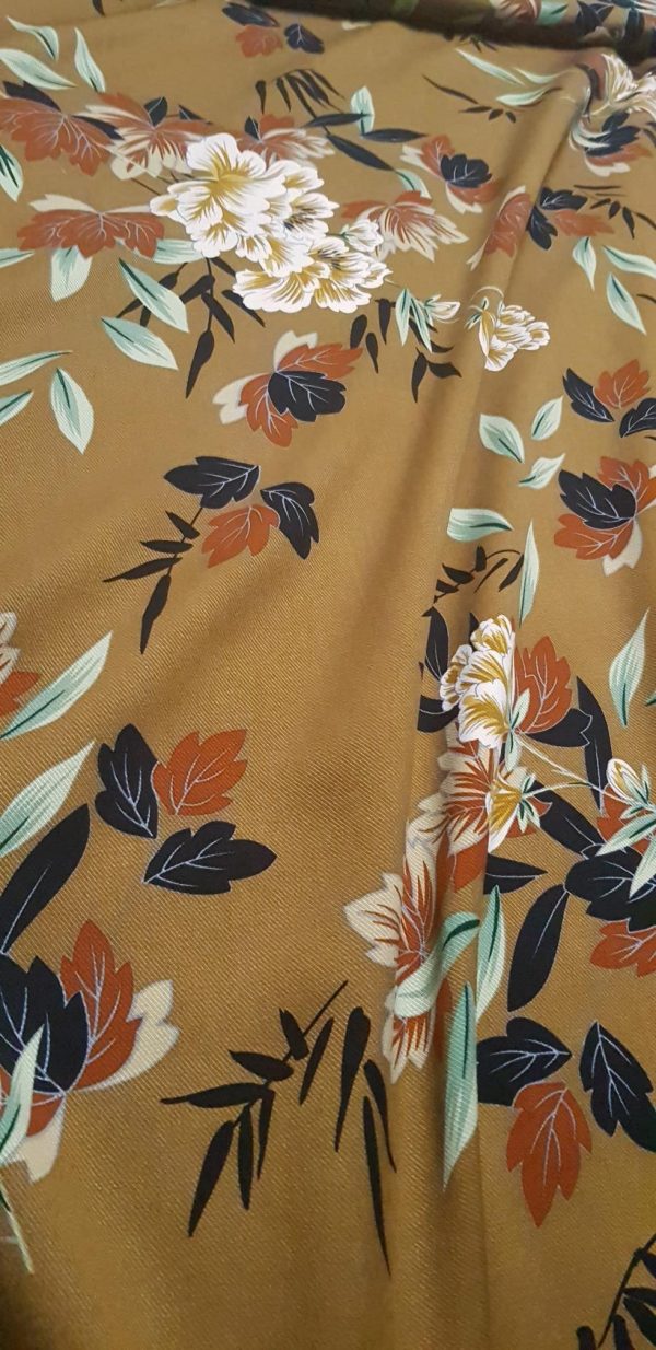 Viscose Twill - Oriental Flower on Gold. Remnant Only - 30cm