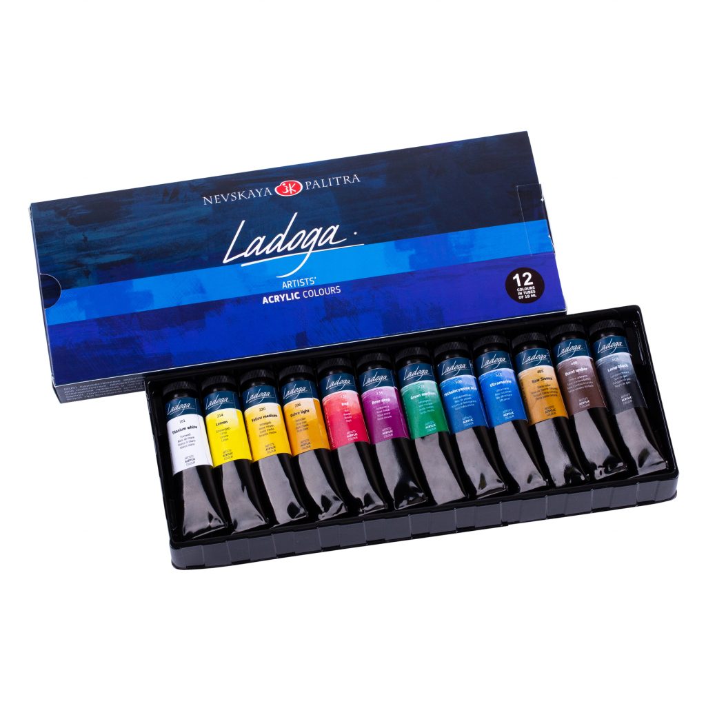 Acrylic artists' colours set 12 colours in 18 ml tubes, Ladoga 