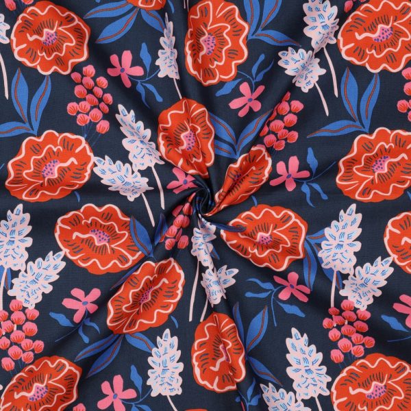 Extra Fine Cotton Poplin - Fresh Flowers Navy Blue by Nerida Hansen. Remnant Only - 1m
