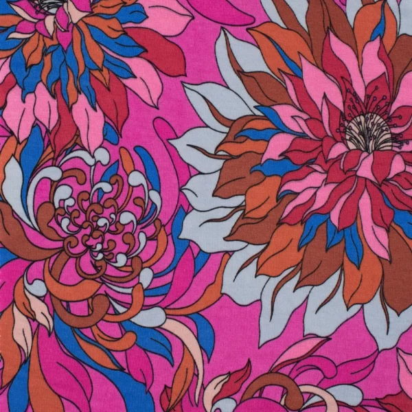 Viscose Jersey - Chrysanthemum Flowers Fuchia