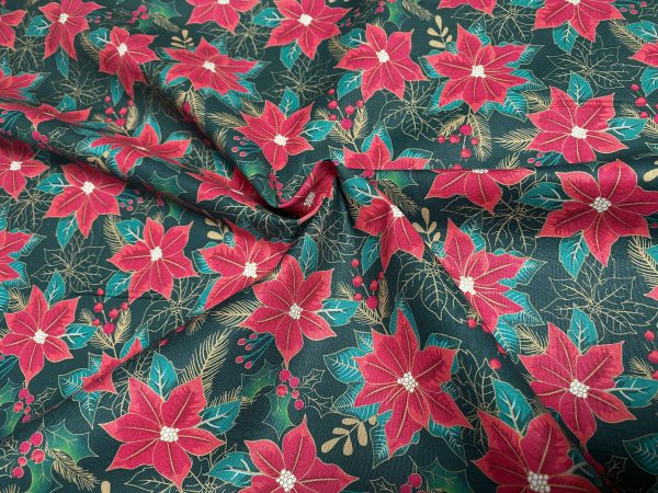 Green Poinsettia Fabric - The Craft Cotton Company - Image 2