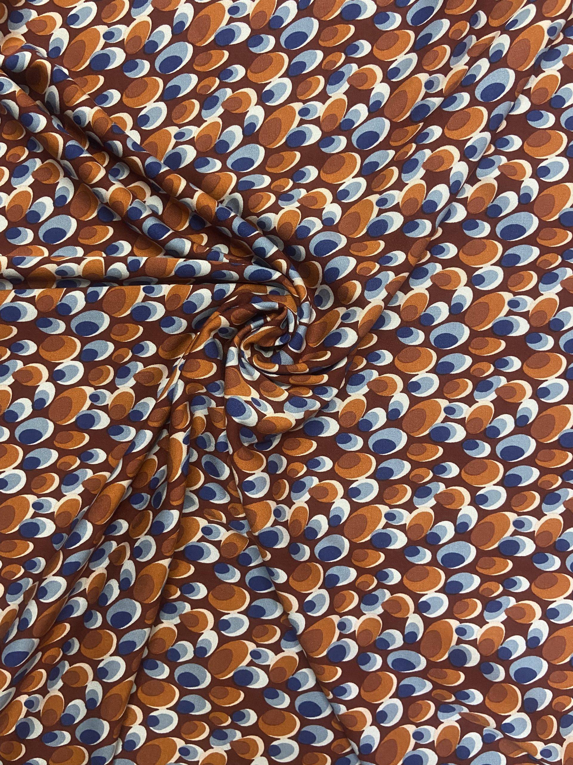 Viscose Twill - Rust and Blue Circles