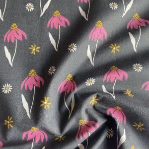 100% Cotton - Pink flowers on grey